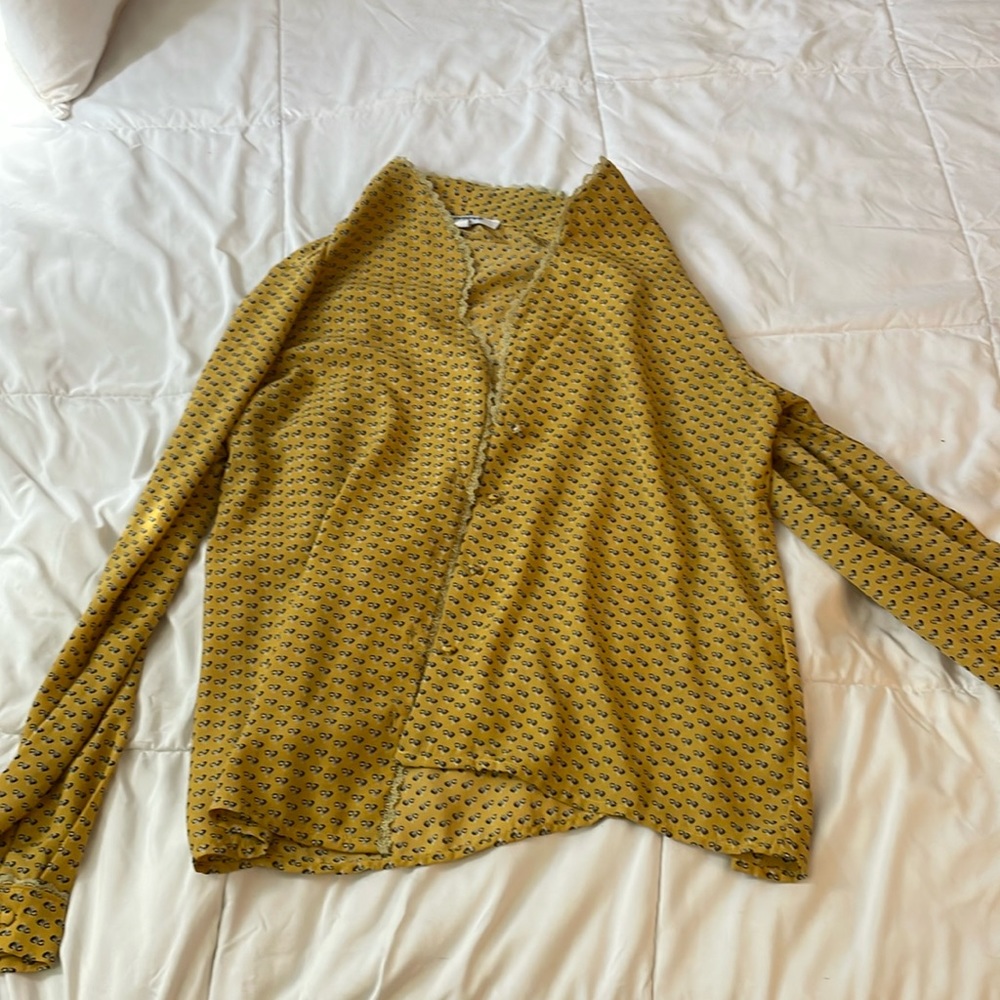 Yellow floral print button down ladies shirt